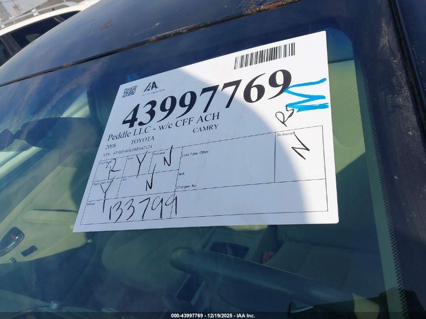 2008 Toyota Camry Le VIN: 4T4BE46K68R042124 Lot: 43997769