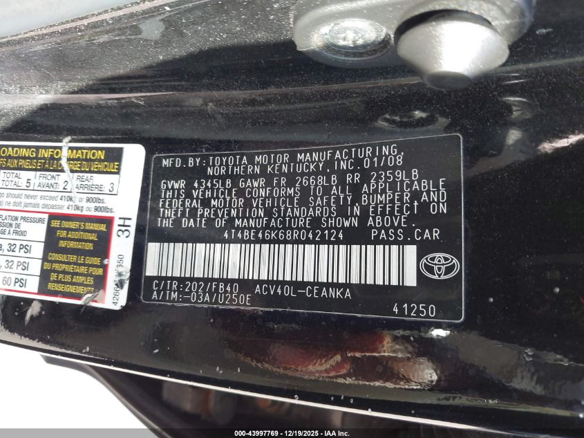 2008 Toyota Camry Le VIN: 4T4BE46K68R042124 Lot: 43997769