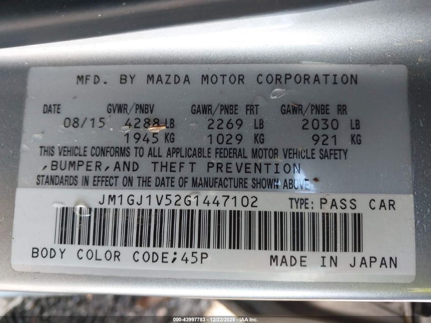 2016 Mazda Mazda6 I Touring VIN: JM1GJ1V52G1447102 Lot: 43997783