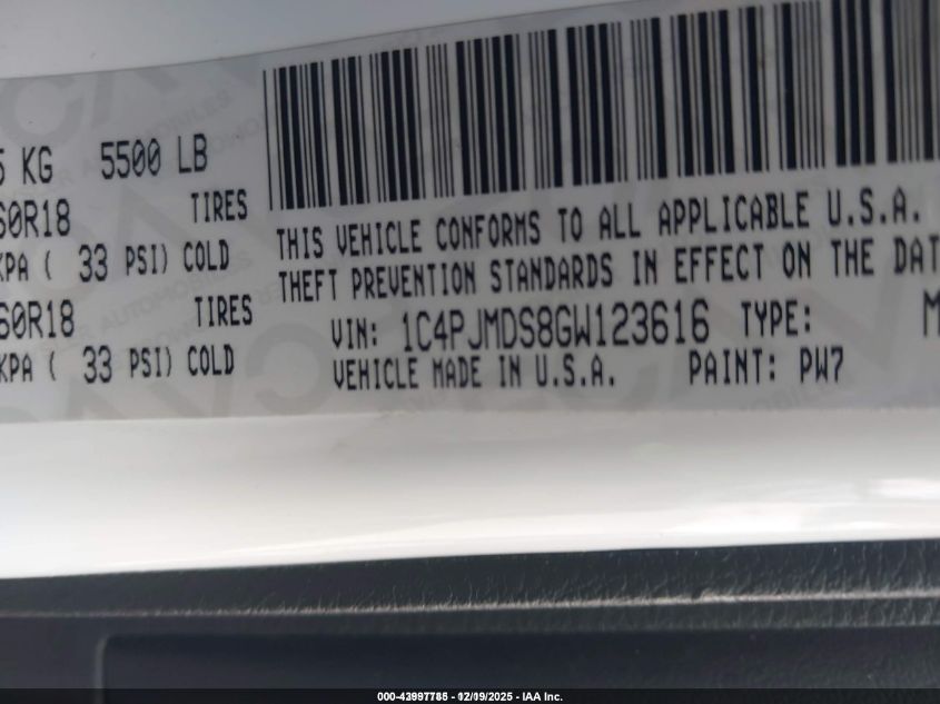 2016 Jeep Cherokee Limited VIN: 1C4PJMDS8GW123616 Lot: 43997785