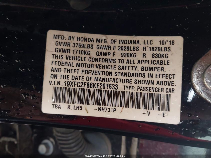 2019 Honda Civic Sport VIN: 19XFC2F86KE201633 Lot: 43997784