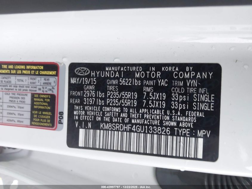 2016 Hyundai Santa Fe Se VIN: KM8SRDHF4GU133826 Lot: 43997797