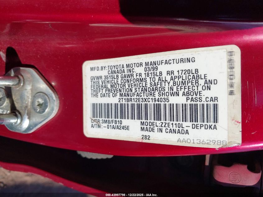 1999 Toyota Corolla Ce VIN: 2T1BR12E3XC194035 Lot: 43997798