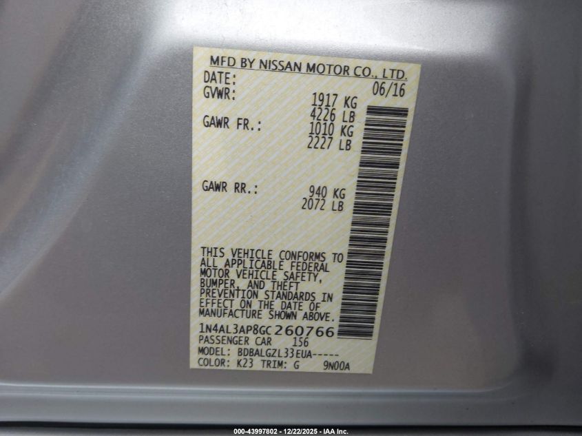 2016 Nissan Altima 2.5/2.5 S/2.5 Sl/2.5 Sr/2.5 Sv VIN: 1N4AL3AP8GC260766 Lot: 43997802