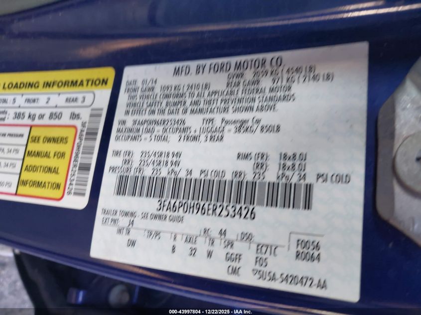 2014 Ford Fusion Se VIN: 3FA6P0H96ER253426 Lot: 43997804