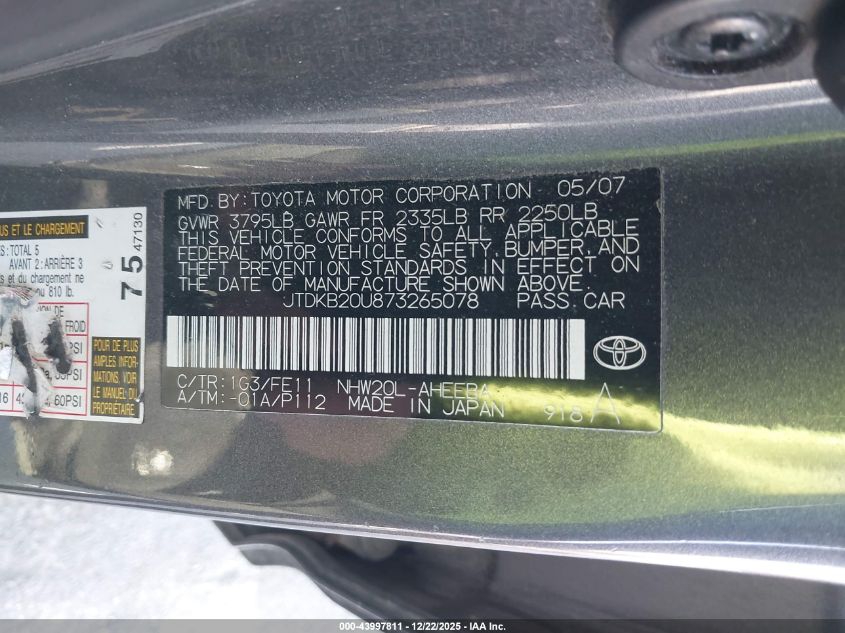 2007 Toyota Prius VIN: JTDKB20U873265078 Lot: 43997811