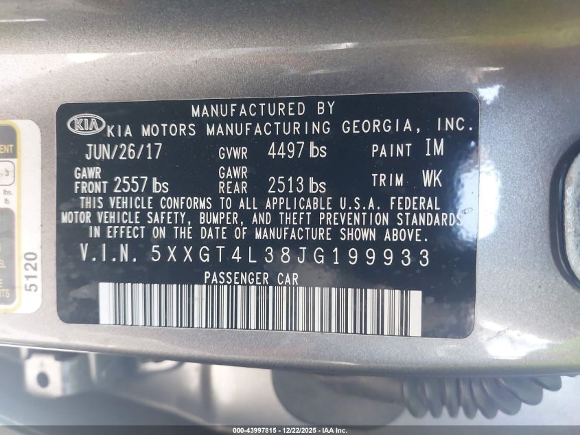 2018 Kia Optima Lx VIN: 5XXGT4L38JG199933 Lot: 43997815