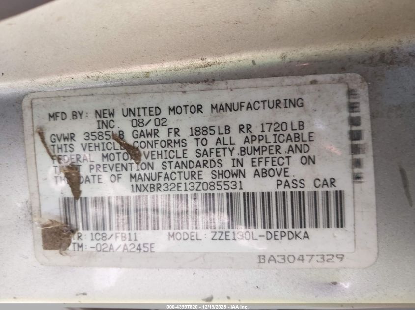 2003 Toyota Corolla Ce VIN: 1NXBR32E13Z085531 Lot: 43997820