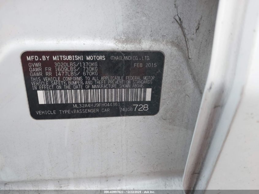 2015 Mitsubishi Mirage Es/Rf VIN: ML32A4HJ9FH044361 Lot: 43997823