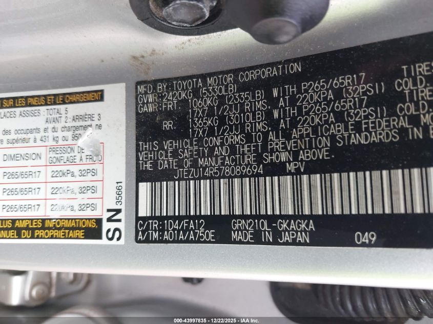 2007 Toyota 4Runner Sr5 V6 VIN: JTEZU14R578089694 Lot: 43997835