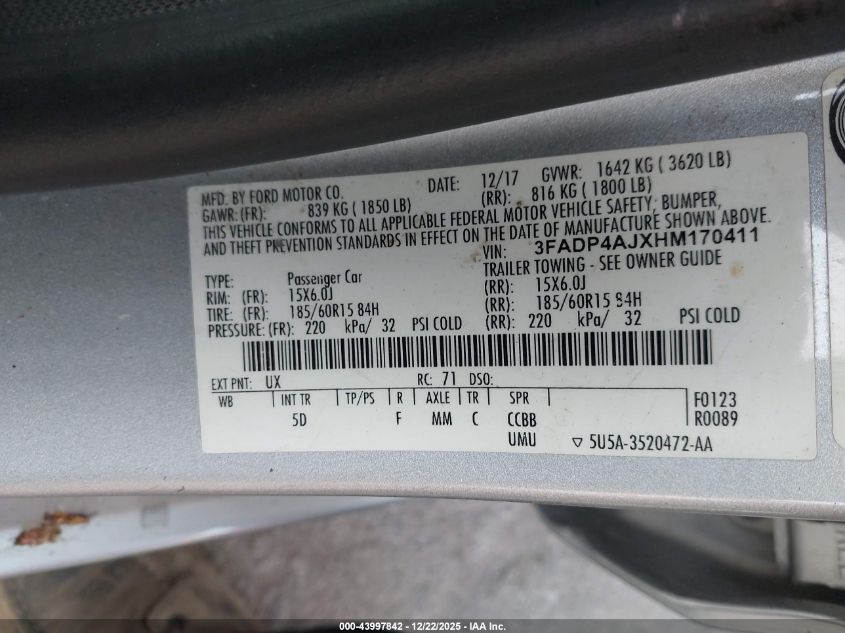 2017 Ford Fiesta S VIN: 3FADP4AJXHM170411 Lot: 43997842