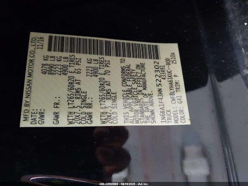 2017 Nissan Titan Xd Platinum Reserve Diesel VIN: 1N6BA1F43HN522302 Lot: 43997843