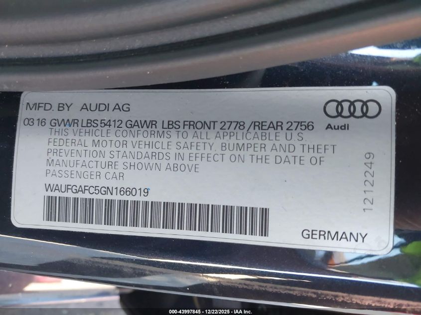 2016 Audi A6 3.0T Premium Plus VIN: WAUFGAFC5GN166019 Lot: 43997845