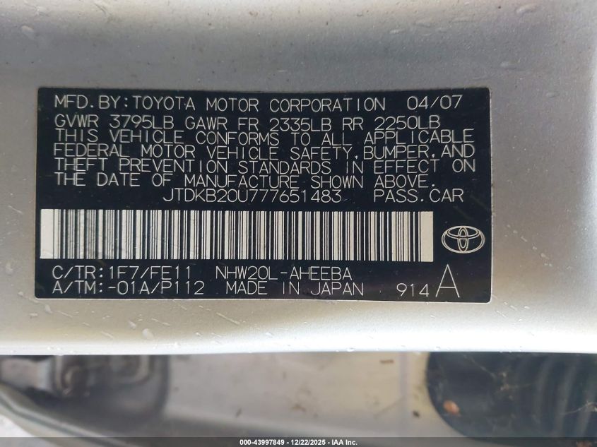 2007 Toyota Prius VIN: JTDKB20U777651483 Lot: 43997849