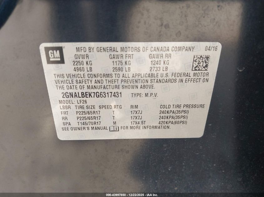 2016 Chevrolet Equinox Ls VIN: 2GNALBEK7G6317431 Lot: 43997850