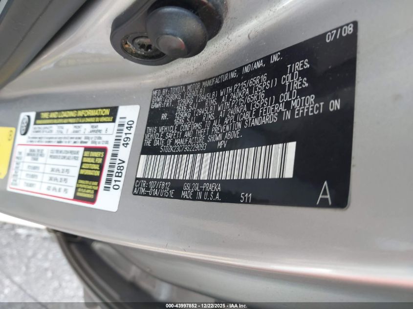 2009 Toyota Sienna Ce VIN: 5TDZK23C79S229093 Lot: 43997852