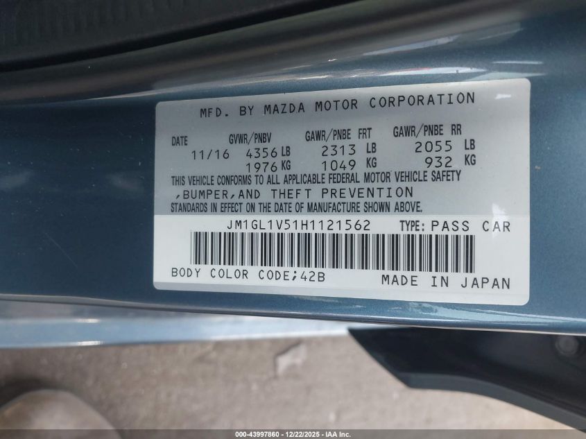 2017 Mazda Mazda6 Touring VIN: JM1GL1V51H1121562 Lot: 43997860