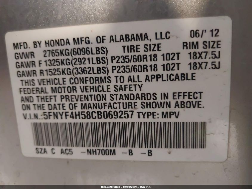 2012 Honda Pilot Ex-L VIN: 5FNYF4H58CB069257 Lot: 43997862
