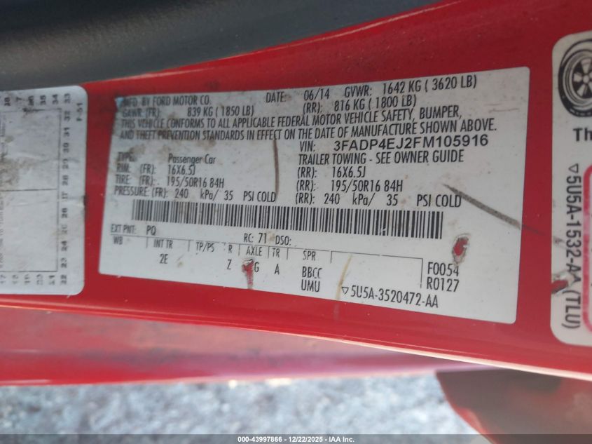 2015 Ford Fiesta Se VIN: 3FADP4EJ2FM105916 Lot: 43997866