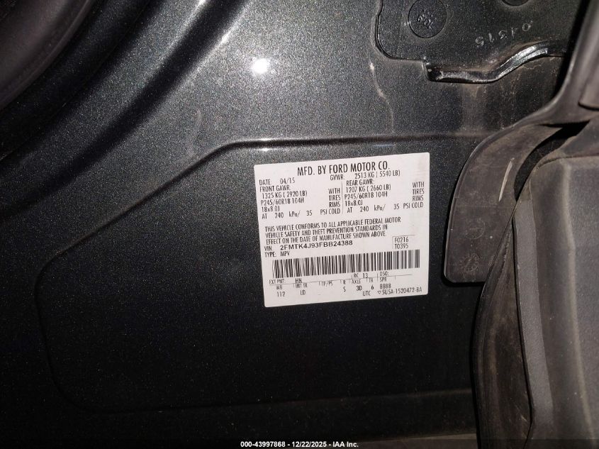 2015 Ford Edge Sel VIN: 2FMTK4J93FBB24388 Lot: 43997868