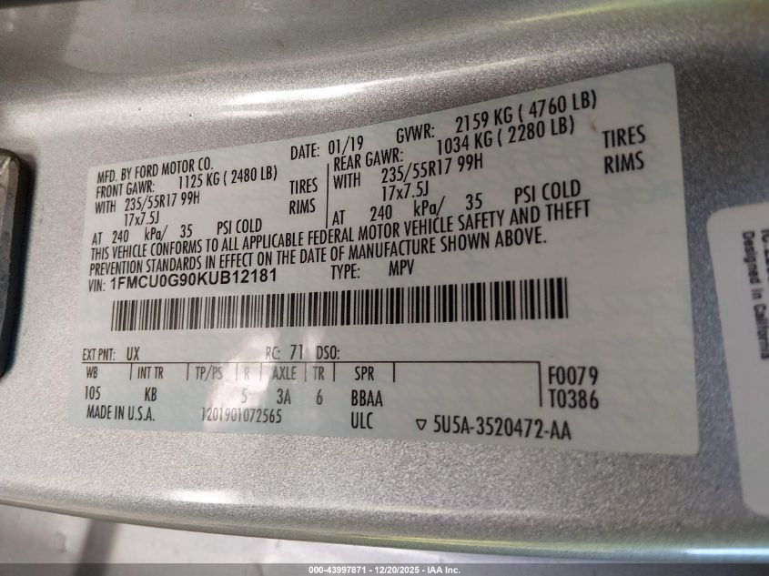 2019 Ford Escape Se VIN: 1FMCU0G90KUB12181 Lot: 43997871