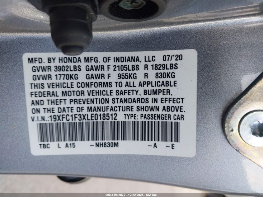 2020 Honda Civic Ex VIN: 19XFC1F3XLE018512 Lot: 43997872