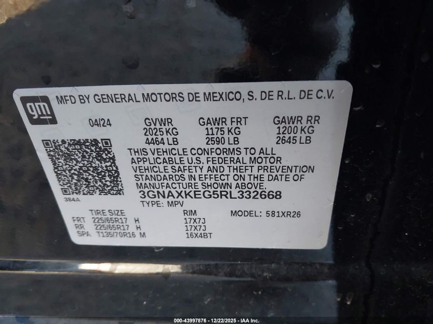 2024 Chevrolet Equinox Fwd Lt VIN: 3GNAXKEG5RL332668 Lot: 43997876