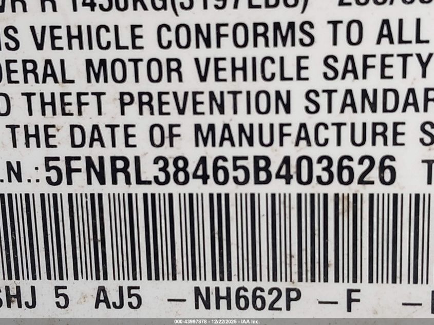 2005 Honda Odyssey Ex VIN: 5FNRL38465B403626 Lot: 43997878