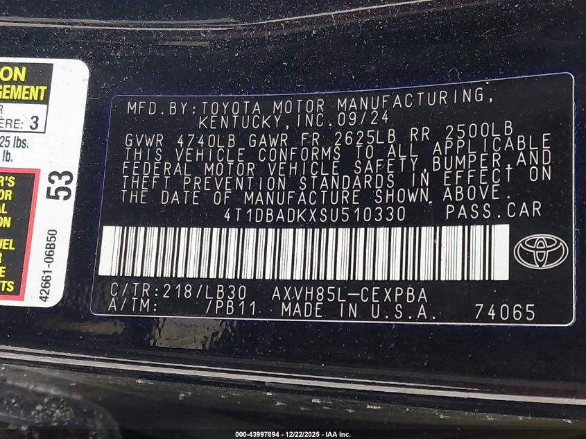 2025 Toyota Camry Xse VIN: 4T1DBADKXSU510330 Lot: 43997894