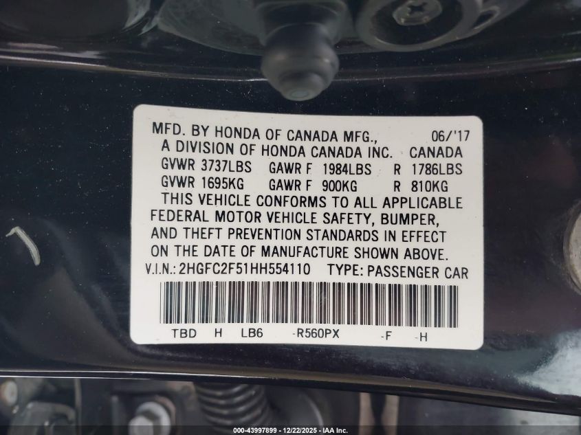 2017 Honda Civic Lx VIN: 2HGFC2F51HH554110 Lot: 43997899