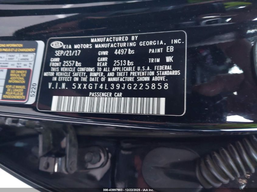 2018 Kia Optima S VIN: 5XXGT4L39JG225858 Lot: 43997903