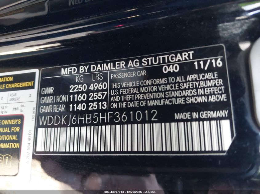 2017 Mercedes-Benz E 400 4Matic VIN: WDDKJ6HB5HF361012 Lot: 43997913