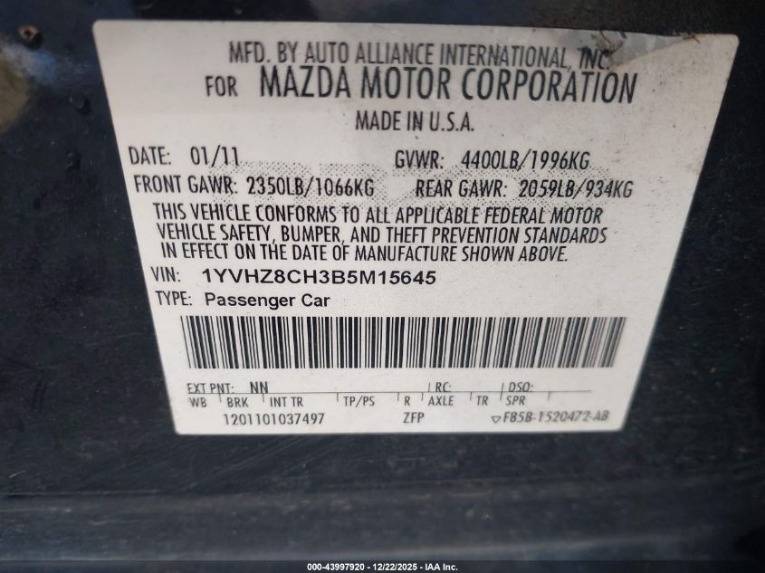 2011 Mazda Mazda6 I Touring VIN: 1YVHZ8CH3B5M15645 Lot: 43997920