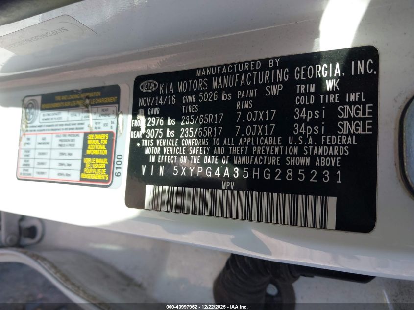 2017 Kia Sorento 2.4L Lx VIN: 5XYPG4A35HG285231 Lot: 43997962