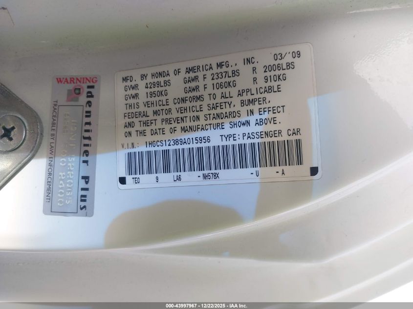 2009 Honda Accord 2.4 Lx-S VIN: 1HGCS12389A015956 Lot: 43997967