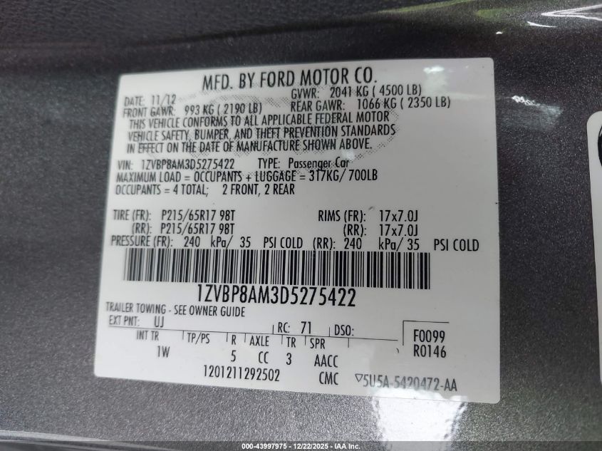 2013 Ford Mustang V6 VIN: 1ZVBP8AM3D5275422 Lot: 43997975