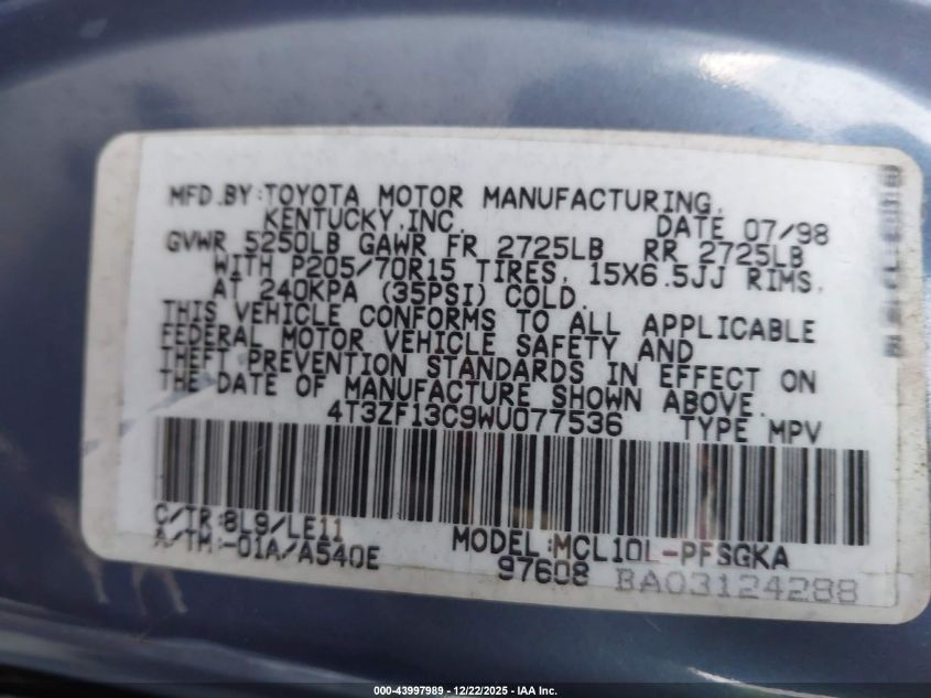 1998 Toyota Sienna Xle VIN: 4T3ZF13C9WU077536 Lot: 43997989