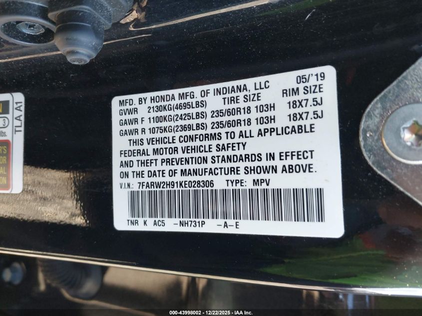 2019 Honda Cr-V Touring VIN: 7FARW2H91KE028306 Lot: 43998002