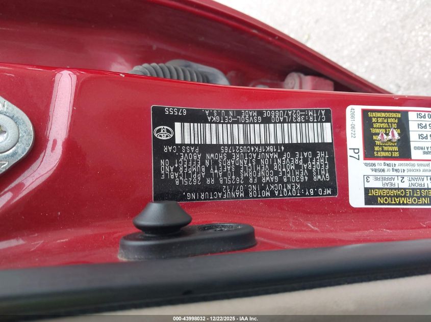 2012 Toyota Camry Xle V6 VIN: 4T1BK1FK4CU521765 Lot: 43998032