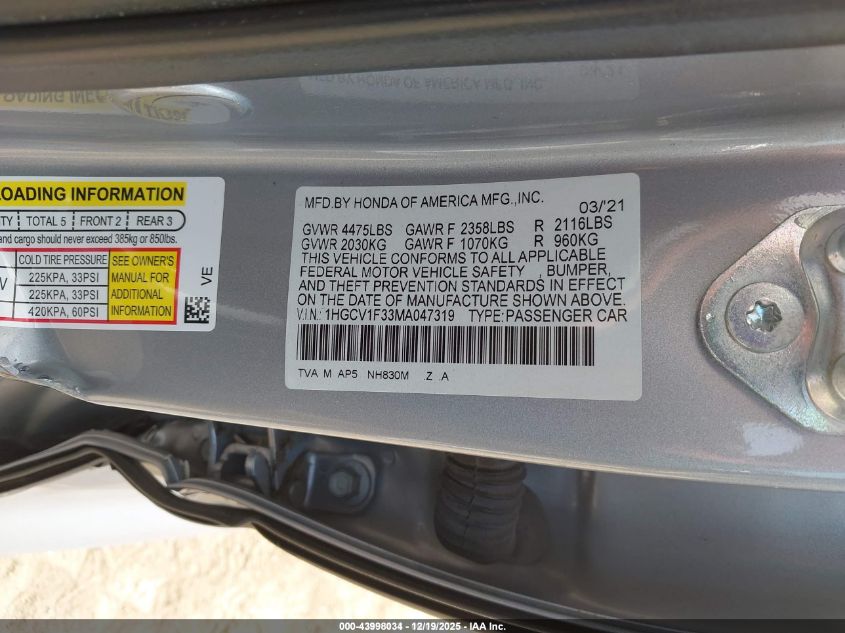 2021 Honda Accord Sport VIN: 1HGCV1F33MA047319 Lot: 43998034