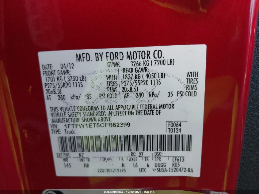2012 Ford F-150 Lariat VIN: 1FTFW1ET5CFB62399 Lot: 43998037