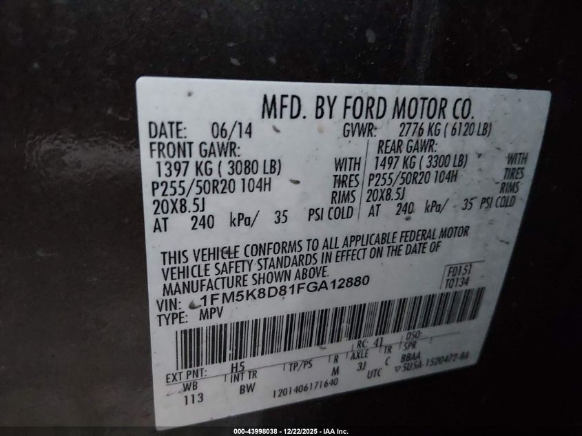 2015 Ford Explorer Xlt VIN: 1FM5K8D81FGA12880 Lot: 43998038