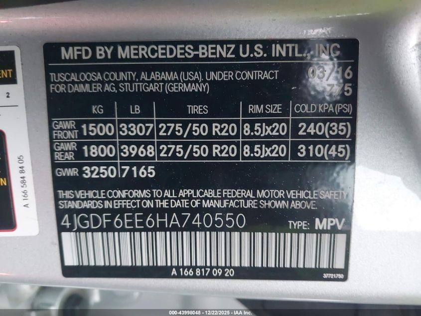 2017 Mercedes-Benz Gls 450 4Matic VIN: 4JGDF6EE6HA740550 Lot: 43998048