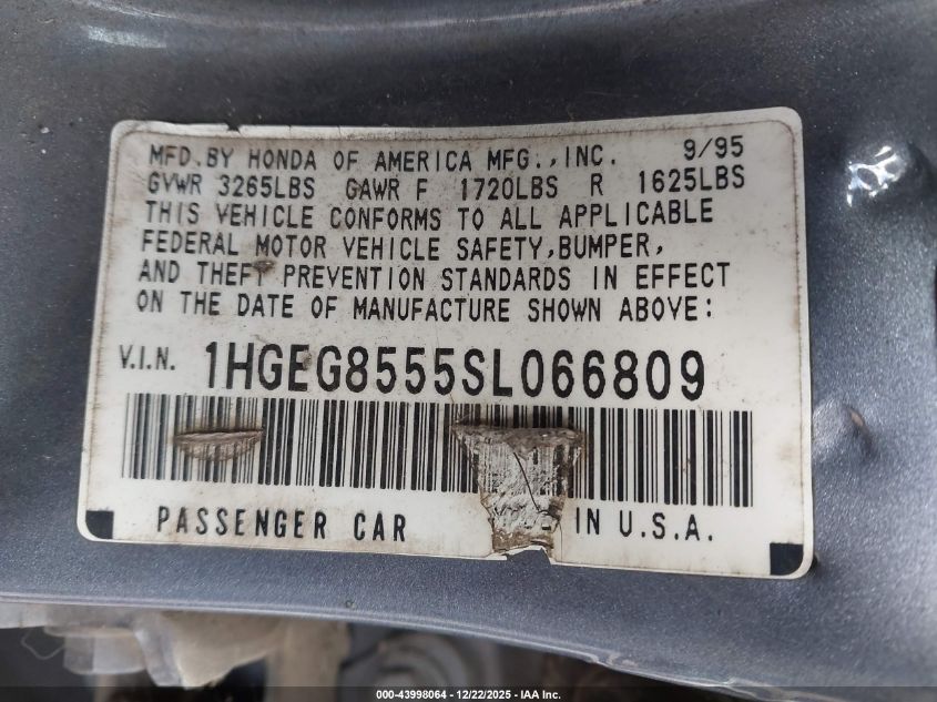 1995 Honda Civic Lx VIN: 1HGEG8555SL066809 Lot: 43998064