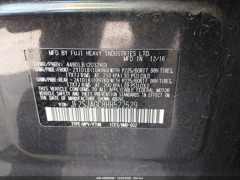 2017 Subaru Forester 2.5I Premium VIN: JF2SJAGC8HH522529 Lot: 43998066