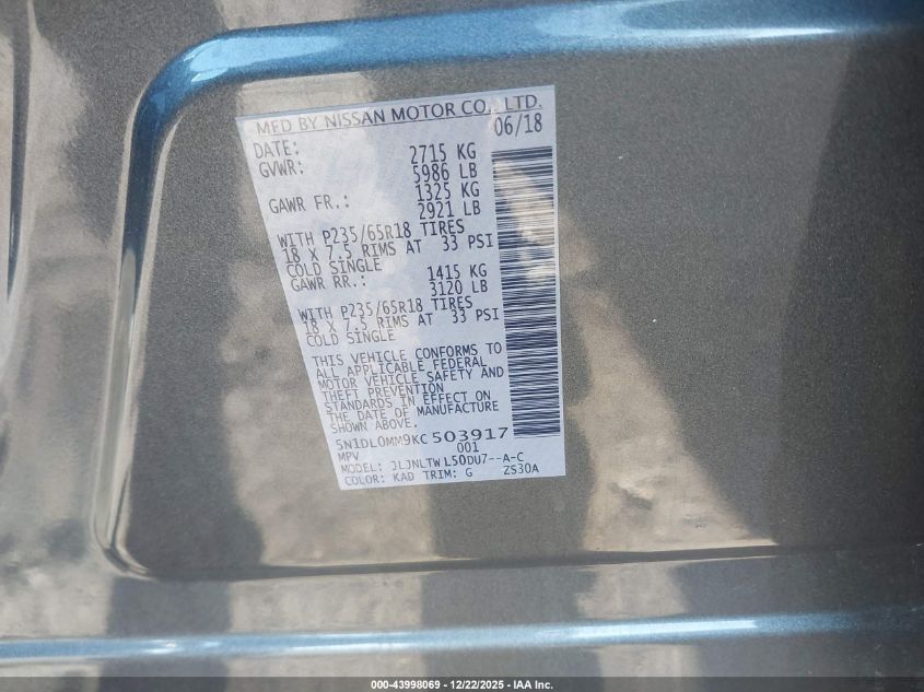 2019 Infiniti Qx60 Luxe VIN: 5N1DL0MM9KC503917 Lot: 43998069