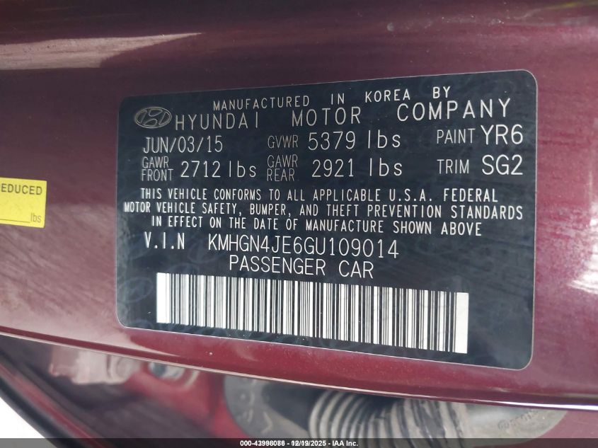 2016 Hyundai Genesis 3.8 VIN: KMHGN4JE6GU109014 Lot: 43998086