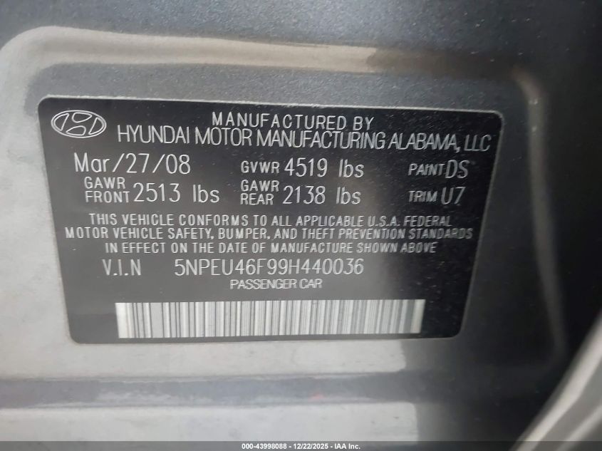 2009 Hyundai Sonata Se V6 VIN: 5NPEU46F99H440036 Lot: 43998088