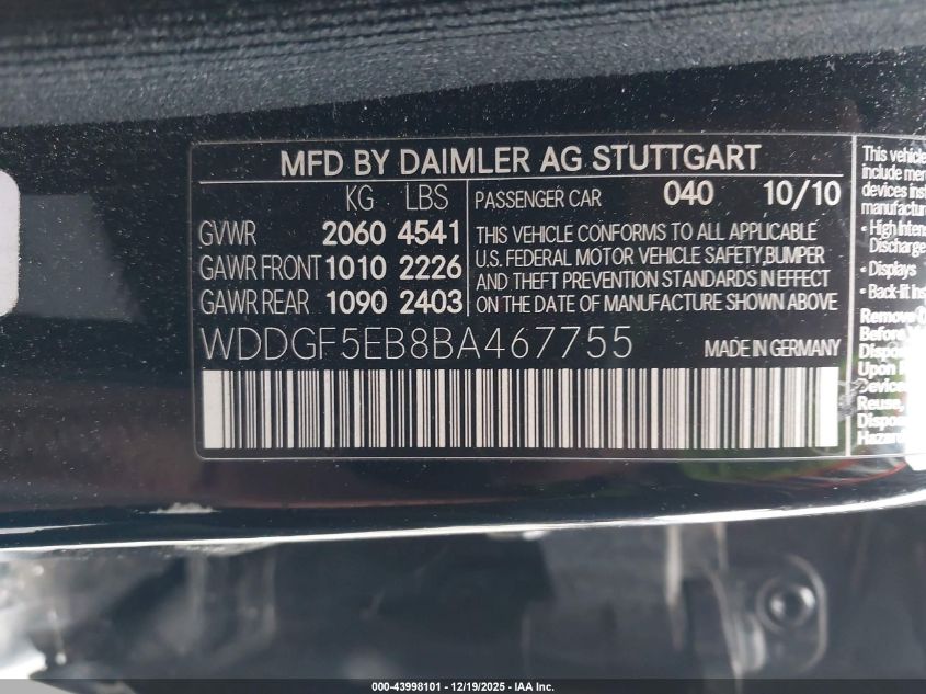 2011 Mercedes-Benz C 300 Luxury VIN: WDDGF5EB8BA467755 Lot: 43998101