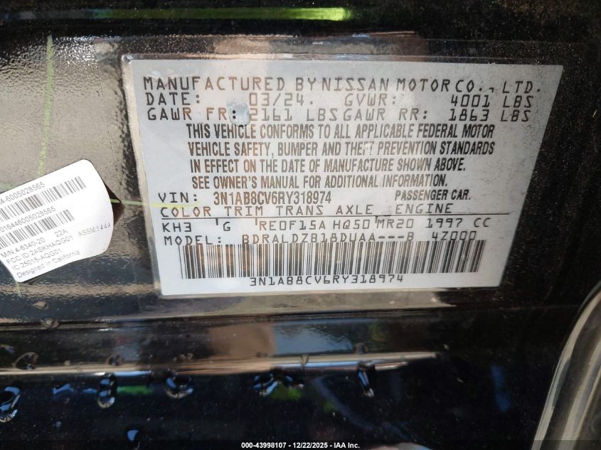 2024 Nissan Sentra Sv Xtronic Cvt VIN: 3N1AB8CV6RY318974 Lot: 43998107